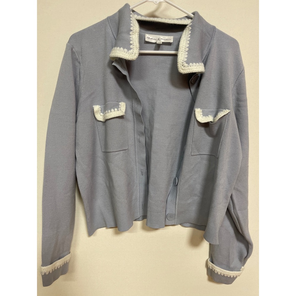 Chelsea & Theodore Blue Button Up Cardigan Scallop Crochet Trim Sweater Large